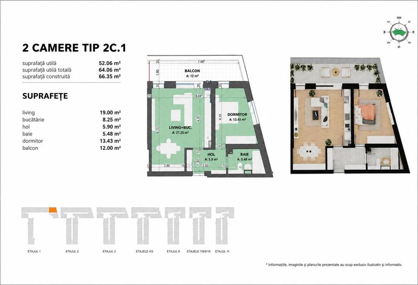 Apartament Bloc nou Tip 2C1 in Complex Doi Cocosi Residence