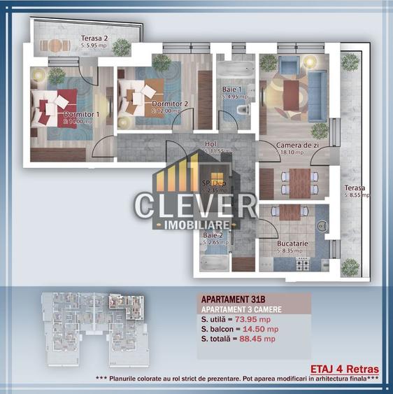 Apartament spațios 3 camere – 89.9 mp – Comision 0% - Pallady