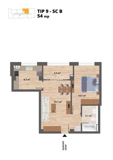 Proiect NOU -- Sun Residence -- Apartament 2 camere - TIP 9 - 54 Mp - 1