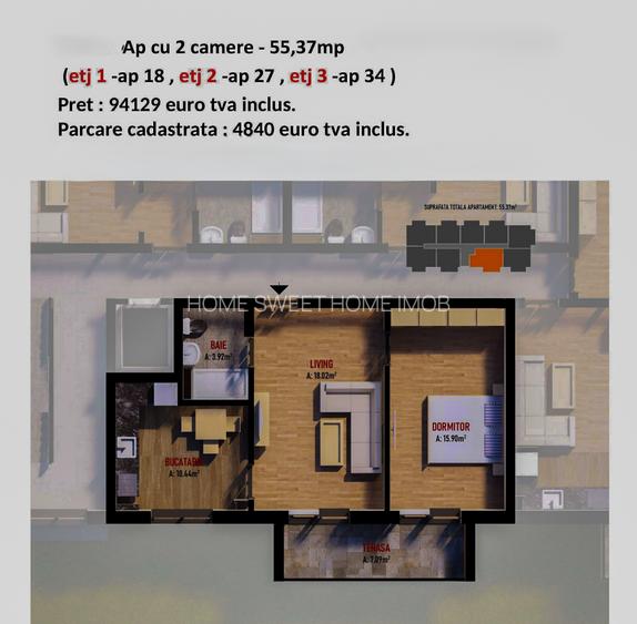 Apartament 2 camere | 55mp | Terasa | Incalzire pardoseala | Comision 0 - 1