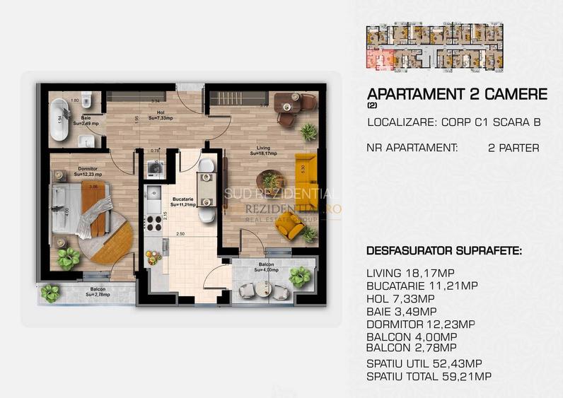 Apartament decomandat cu 2 camere, modern finisat, Popesti-Leordeni - 1