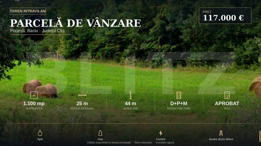 Teren intravilan, 1100 mp, front 25 m, zona Popești