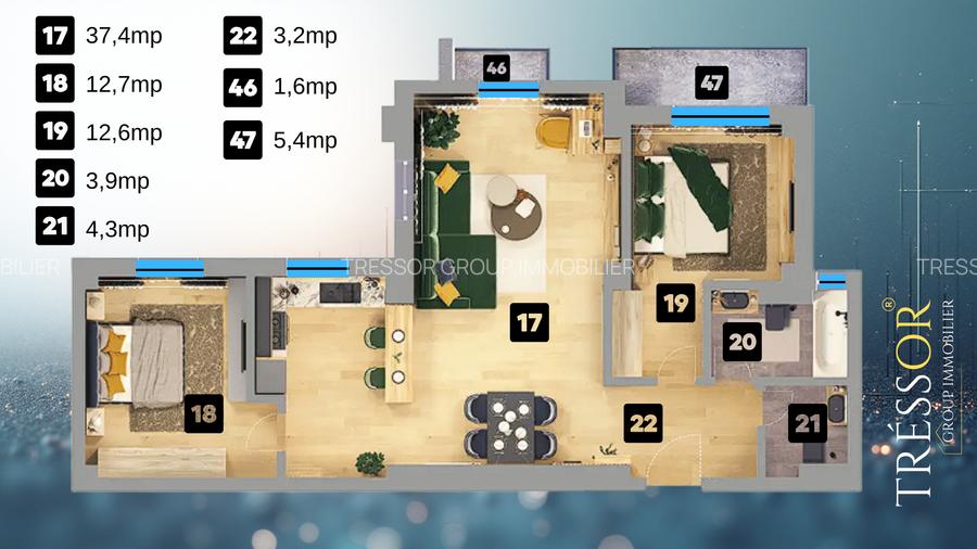 3 camere/mobilat, 81 mp, 2 balcoane, 2 băi, bloc nou - 3