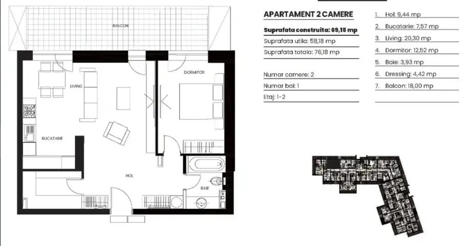 Apartament 2 camere sut 76,18mp,Bloc boutique,Metrou Pipera,Comision 0%
