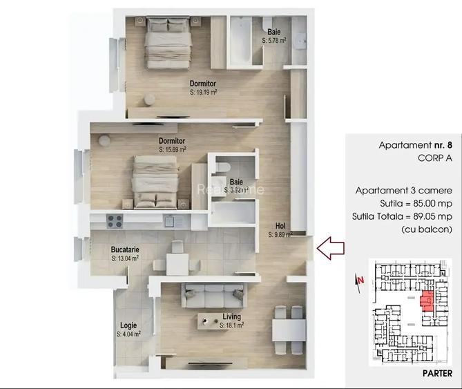 Apartament 3 camere 85mp utili decomandat 15 min Metrou 1 Dec 1918 - 2