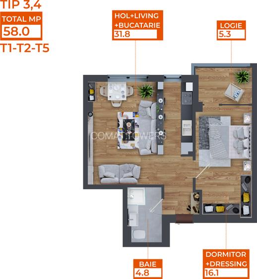 Apartament 2 Camere | TIP 3 | 58mp | Complex Comat Towers - 1