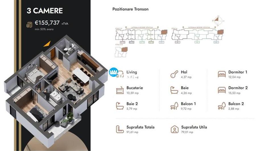 Apartament 3 camere,91.61 mp,bloc nou,zona Nicolina Selgros - 2