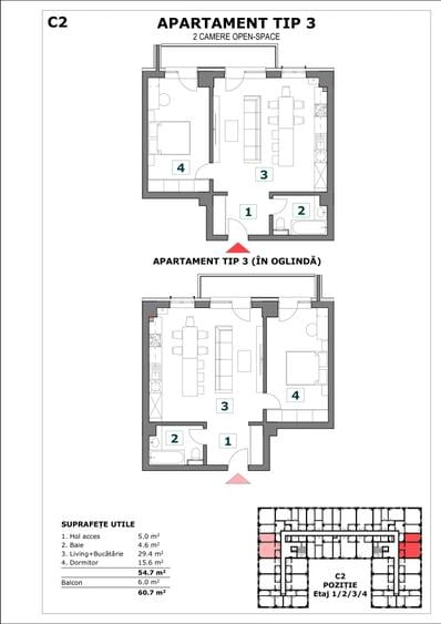 Apartament 2 camere, 61 mp, bloc nou Bucium, parcare subterana