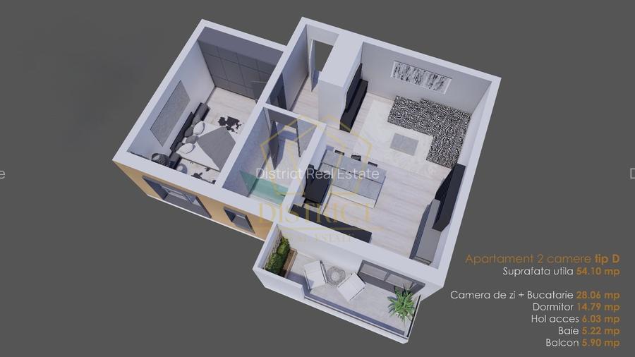 Apartament cu 2 camere, 54 mp utili la parter finalizat la asfalt in Giroc. - 1