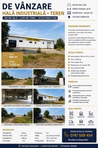 HALĂ INDUSTRIALĂ + TEREN DE VÂNZARE – 360 mp hală + 2.500 mp teren | Acces E60