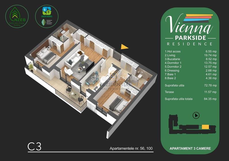 Apartament decomandat cu 3 camere si terasa - langa Parc Tudor Arghezi - 1