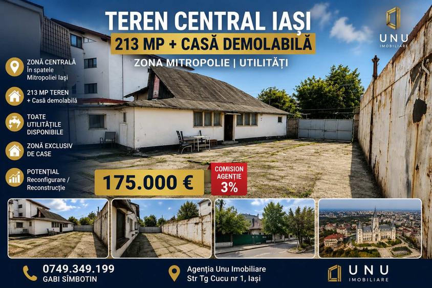 TEREN CENTRAL IAȘI 213 MP + CASĂ DEMOLABILĂ | ZONA MITROPOLIE | UTILITĂȚI | 175.000 €