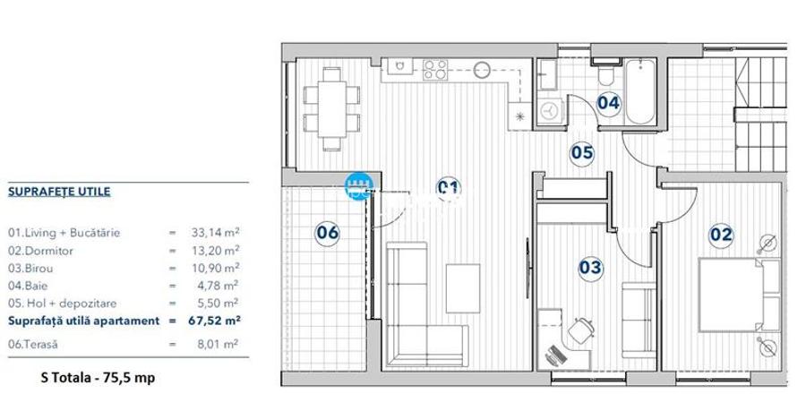 Apartament 3 camere 75,5 mp Rediu,parcare inclusa - 12