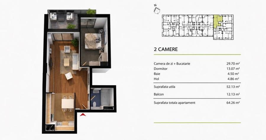 Apartament 2 camere – vedere panoramică, balcon mare –Soporului - 7