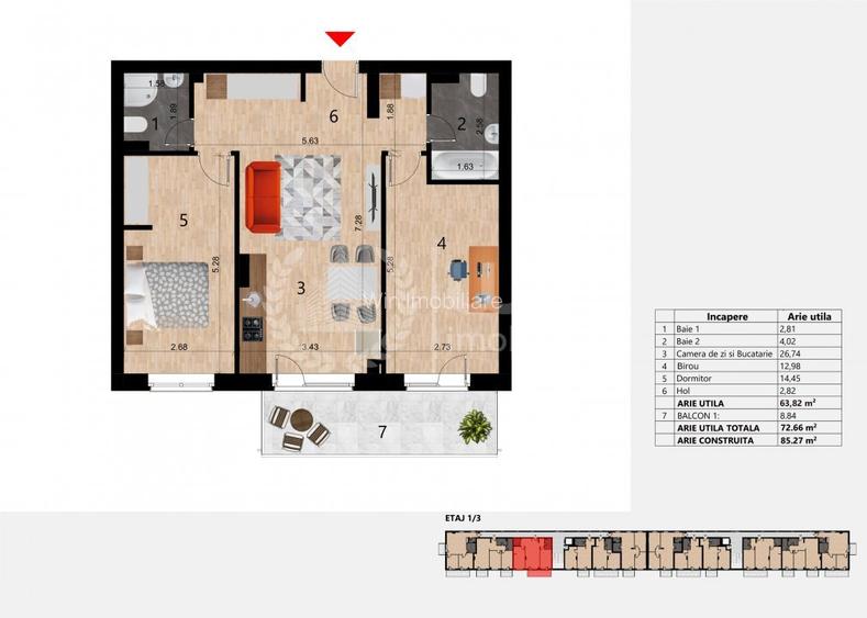 Apartament cu 3 camere | 59.83mp | Bloc nou | Etaj 1 | Garaj | Zorilor - 7