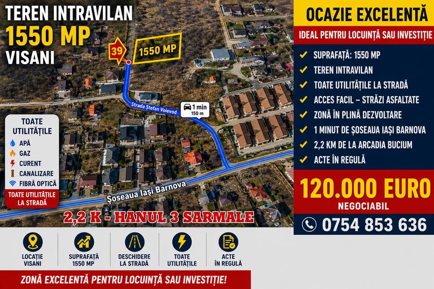 BUCIUM-2,2 km de la Hanul Trei Sarmale , 1550 mp cu priveliste superba !!!