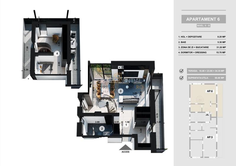 Apartament modern pe doua niveluri, 2 camere + terasa - acces metrou - 1