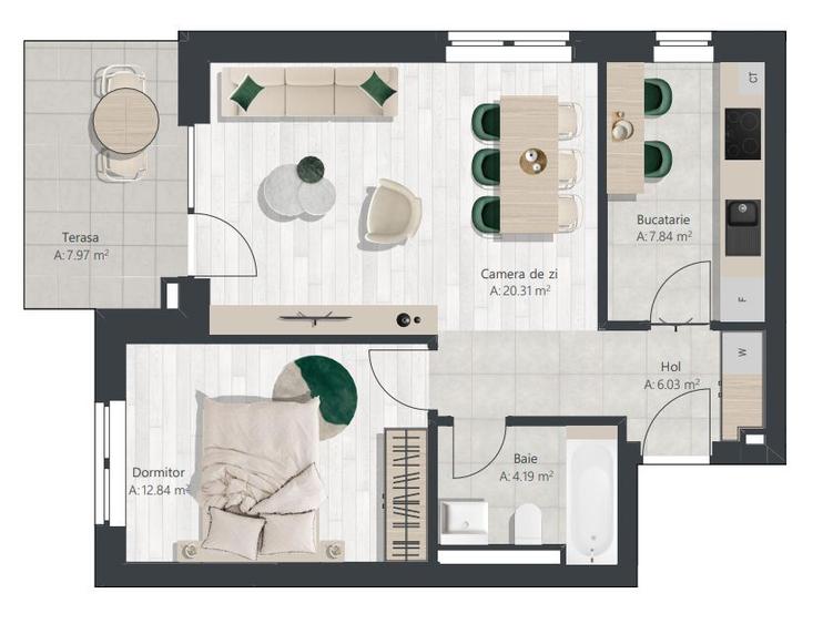 Apartament nou cu 2 camere, bucatarie inchisa | Denya Forest
