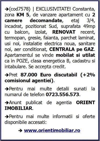 Km 5, decomandat, 2 camere, etaj 3, mobilat, gaze, vanzari Constanta - 12