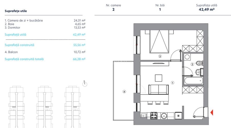 Apartament 2 camere 2 C-53,21 mp / Hils Titanium / Metrou Nicolae Teclcu / - 2