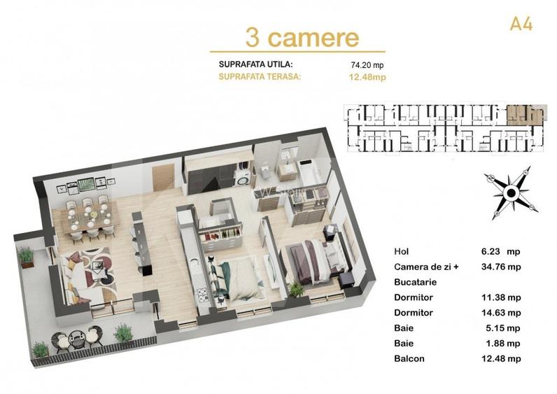 Apartament 3 camere de vanzare balcon parcare 74mp Avantgarden Sibiu - 4