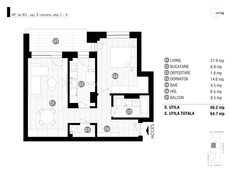 Apartament 2 camere nou | Antracit X Coandă | Bucătărie închisă | 64,7mp utili - 2