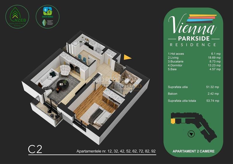 Apartament 2 camere, certificare Green Homes - zona Parc Tudor Arghezi - 1