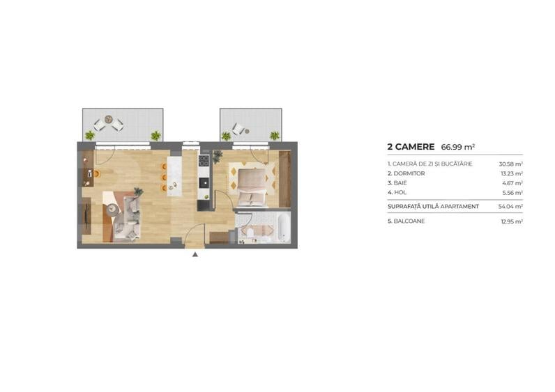 Apartament 2 Camere, 54 mp, 2 Balcoane, Imobil nZEB, Dambu Rotund