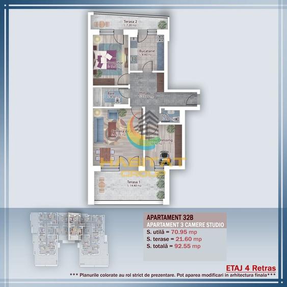 Pallady 3 camere decom.71 mp + terasa 22 mp mutare rapida