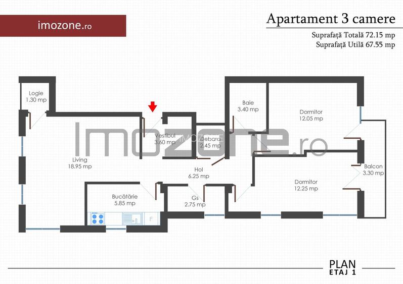 Apartament 3 cam., 2 bai, 2 balc., bloc nou, finisat la cheie, centrala termica - 1