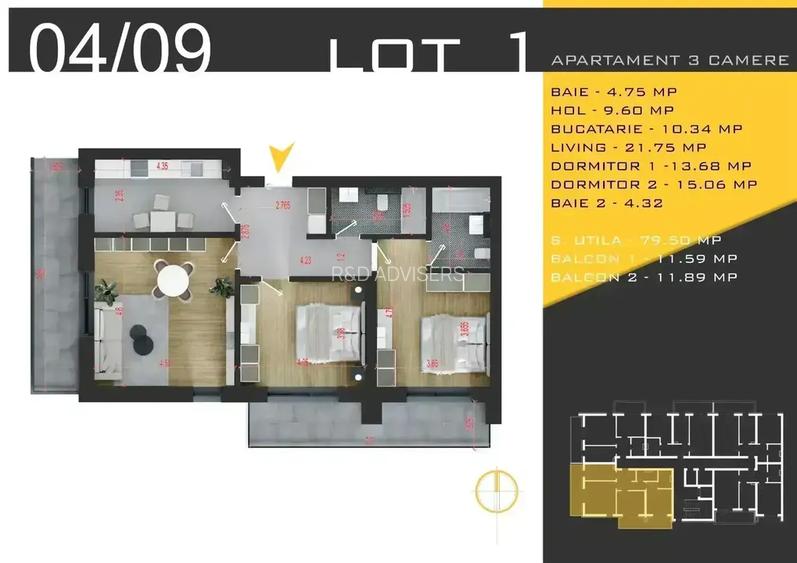 3 camere luminoase – 2 balcoane – bucătărie închisă - 8