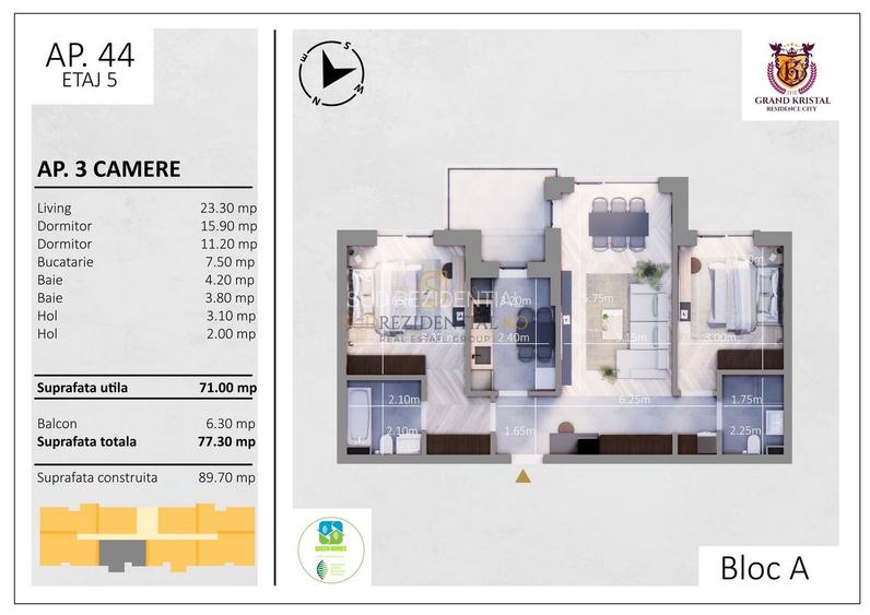 Apartament cu 3 camere, incalzire in pardoseala si aer conditionat - Comision 0% - 1