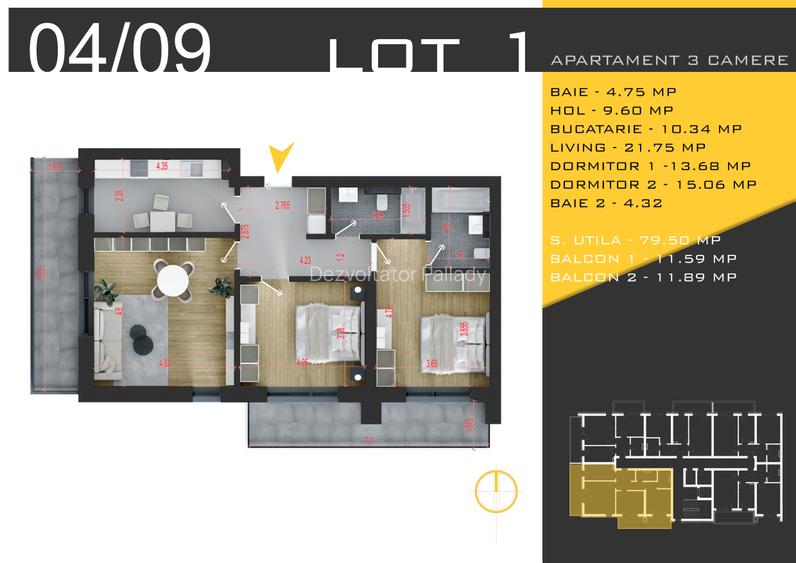 Apartament 3 camere  74 mp utili + 24 mp terasă - 2