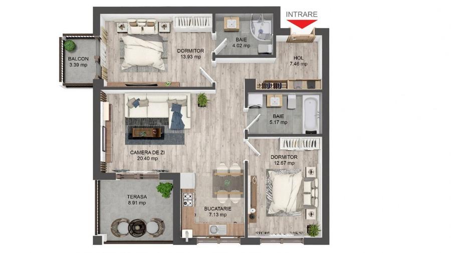 Apartament 3 camere cu terasa si gradina 50 mp, zona Brana 0%Comision