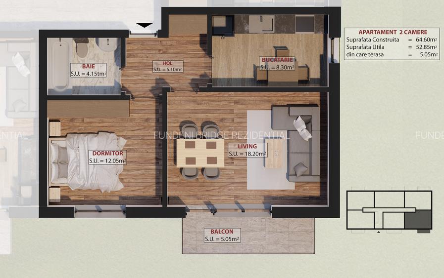 Apartament 2 camere,53 mp.utili ,incalzire in pardoseala,Penny Dobroesti - 1