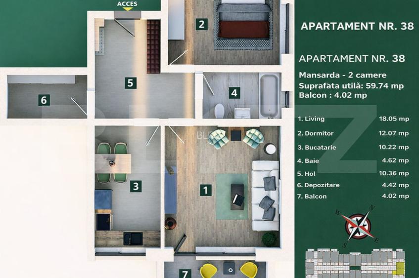 Apartament 2 camere, living cu bucătărie open space, balcon – 59 mp utili - 4