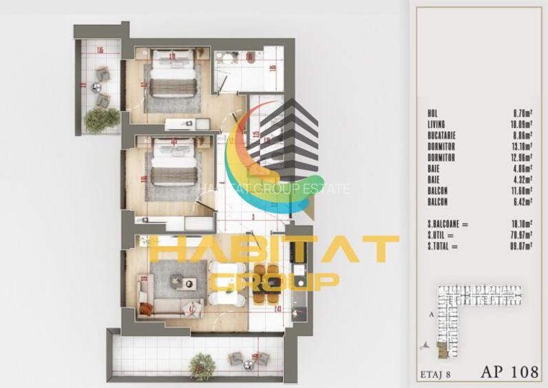 3 camere nou Pallady decomandat 89 mp LUX - 18