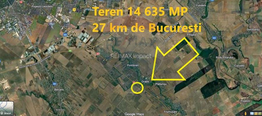 Teren constructii 14 600 mp de vanzare Frumusani 90 m deschidere - 2