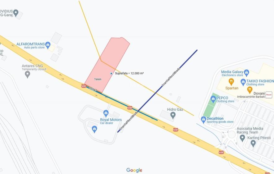 Teren in zona comerciala | Vama Pitesti |  S: 12.000 mp | Deschidere 65m | Autos - 4