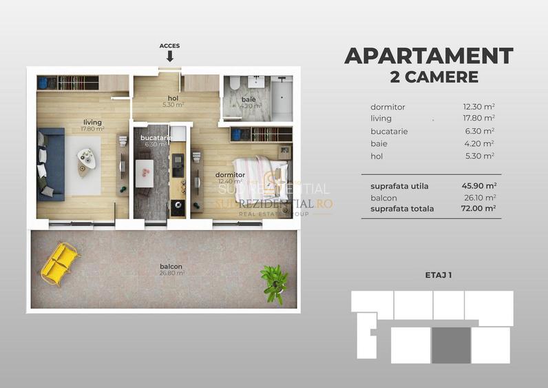 Fara Comision! Apartament cu 2 camere, balcon 26 mp, Bd. Brancoveanu - 1