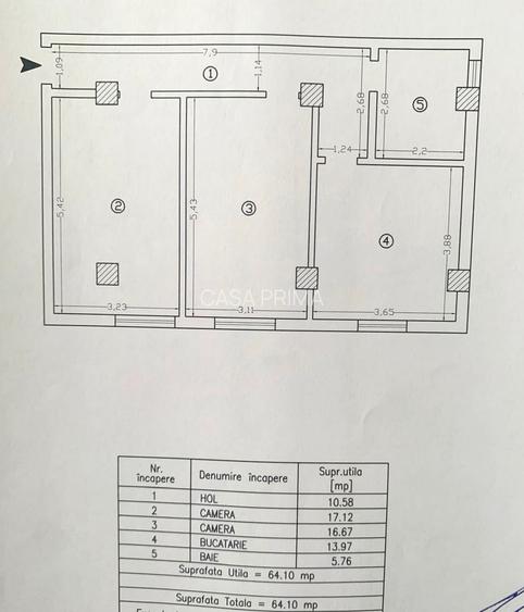 Apartament 2 camere NOU, 64 mp, INTABULAT, bucatarie 14 mp, etaj intermediar - 10