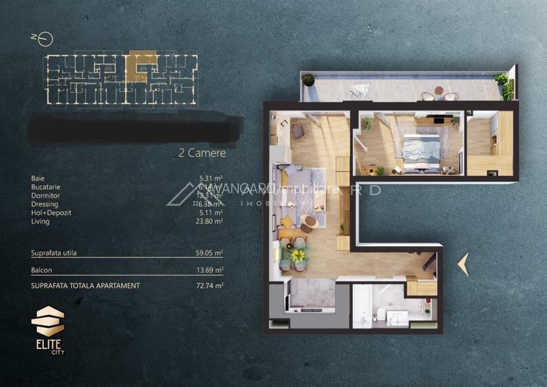 | Apartament 2 camere | 59 mp | Parcare | Elite City | - 2