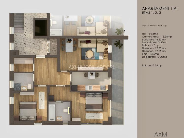 Apartament 3 camere 76 mp + balcon 12 mp Tractorul / Coresi  - 4