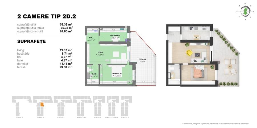 Apartament 2 Camere TIP 2D2 in Complex Doi Cocosi Residence