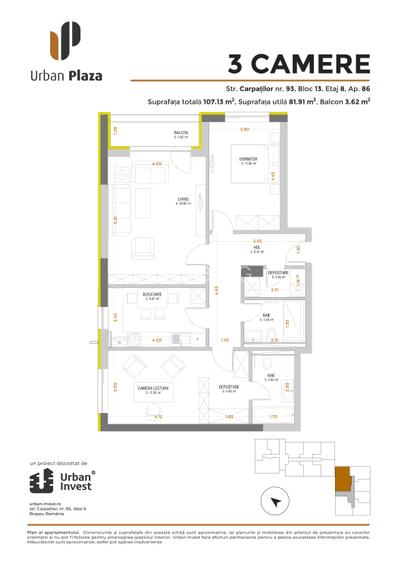 Apartament 3 camere decomandate, ultimul etaj, două băi — Urban Plaza, Astra - 1