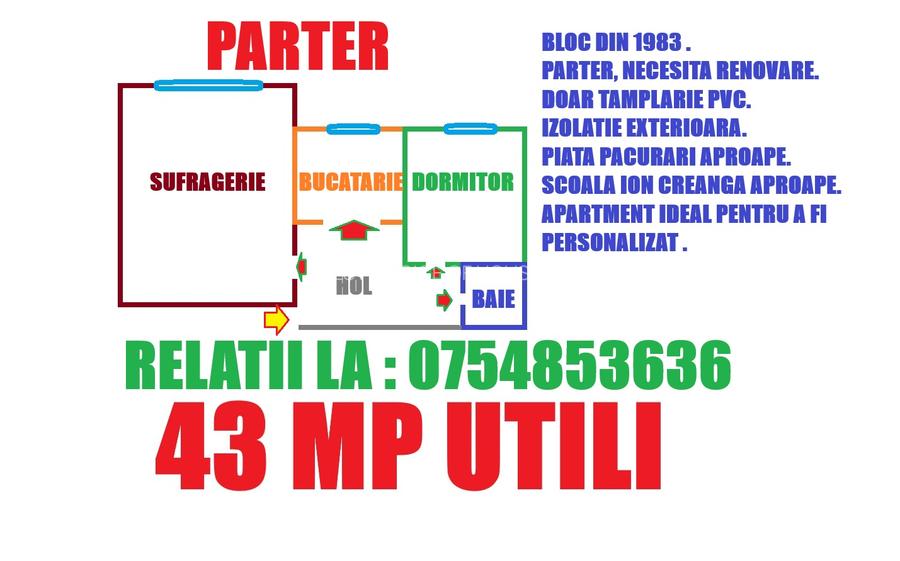PACURARI-SCOALA I.Creanga , parter, 2d ,43 mp ,necesita renovare ,83500 euro fix - 1