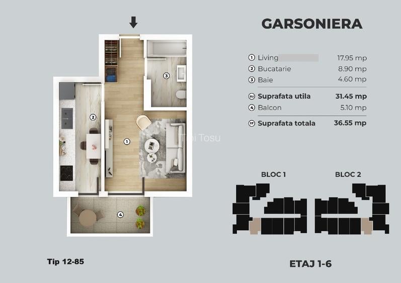 Garsonieră modernă, decomandată – 36.55 mp total – ideală pentru locuit sau inve - 2