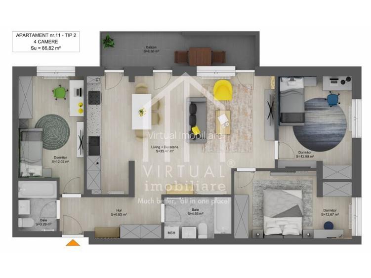 Apartament 4 camere 86,82 mp + balcon |Doamna Stanca - 2