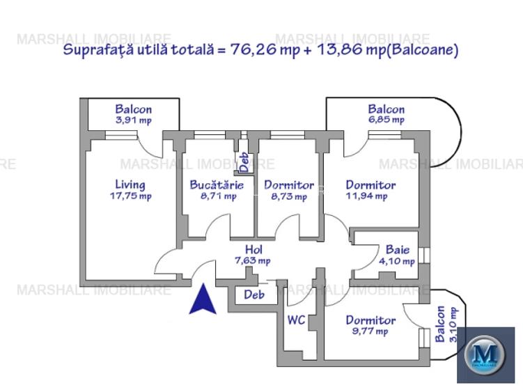 Apartament 4 camere de vanzare, zona Vest, 89.12 mp #16671 - 6