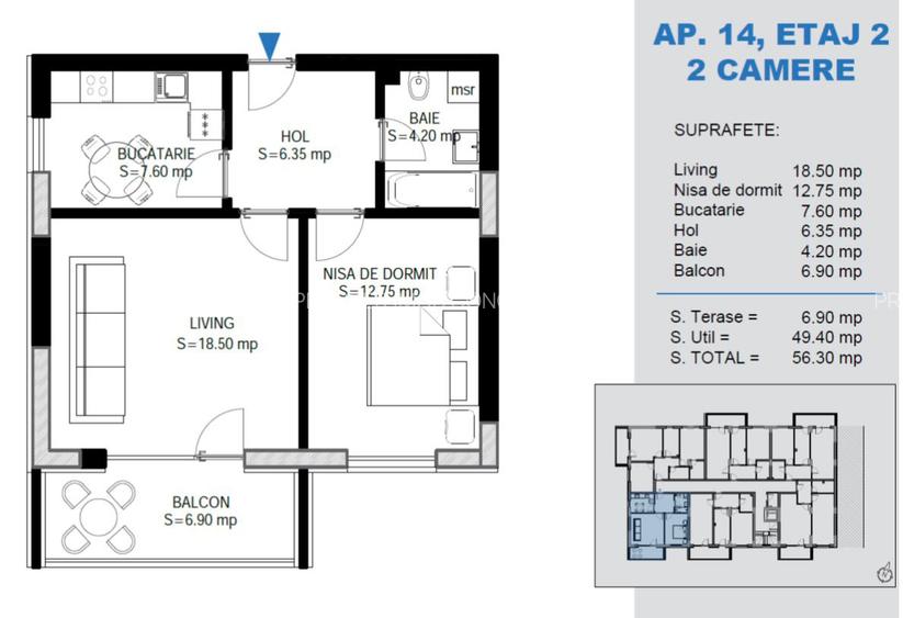 Apartament cu 2 Camere Ozana - Pallady, bucatarie inchisa, terasa generoasa - 1